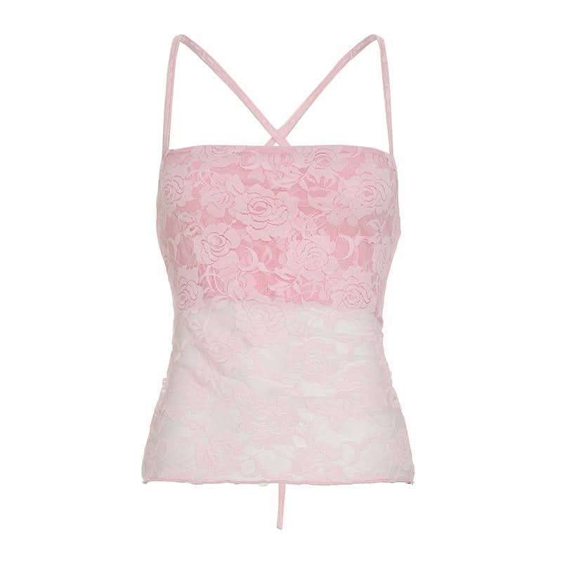 Romantic Pink Floral Lace Cami Top - Chic Cross Back & Coquette Style for Fall Layering