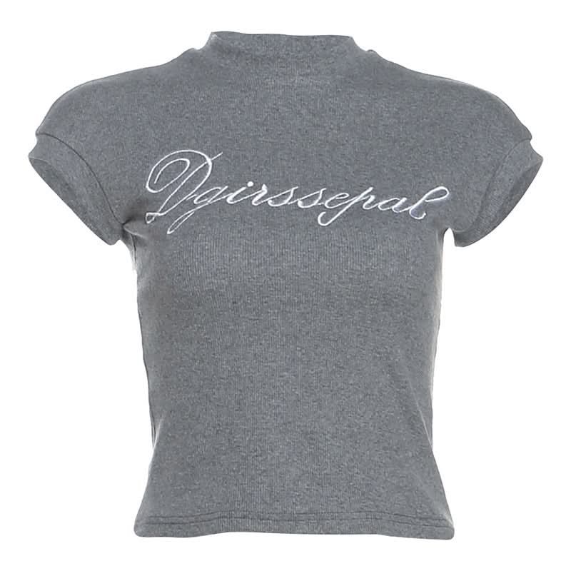 Chic Ribbed Mock Neck Crop Top - Embroidered Letter Graphic Tee for Fall Fashion