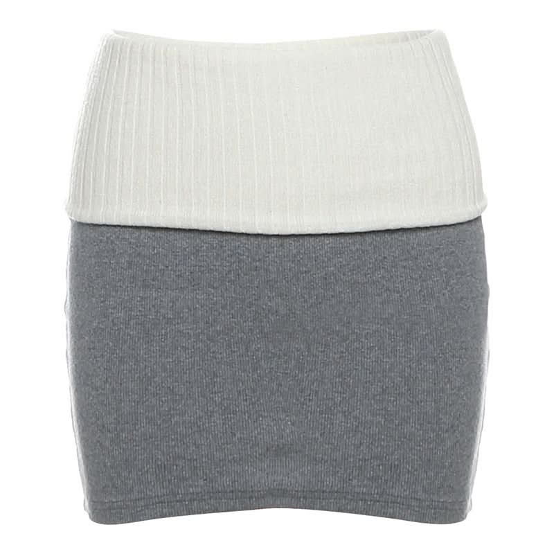 Autumn Chic Ribbed Knit Mini Skirt | Two-Tone Foldover Waist for Fall Style