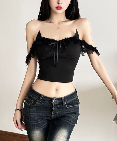 Edgy Devil Horn Off-Shoulder Crop Top | Spooky Season Y2K Party Essential