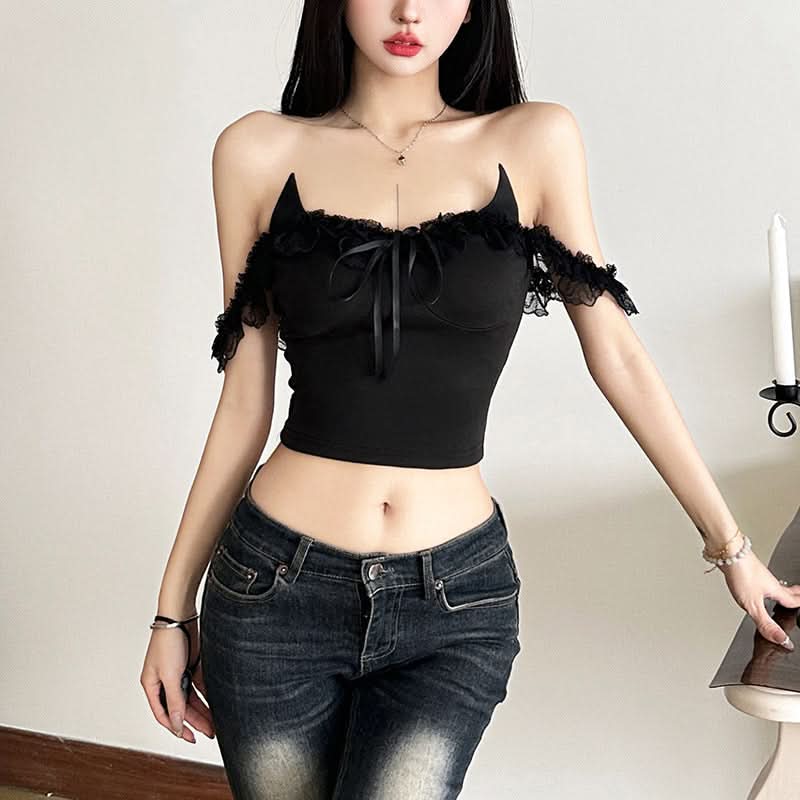 Edgy Devil Horn Off-Shoulder Crop Top | Spooky Season Y2K Party Essential
