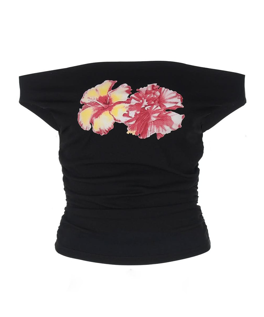 Vibrant Floral Off-Shoulder Ruched Top - Flattering Fall Fashion & Holiday Getaway Essential