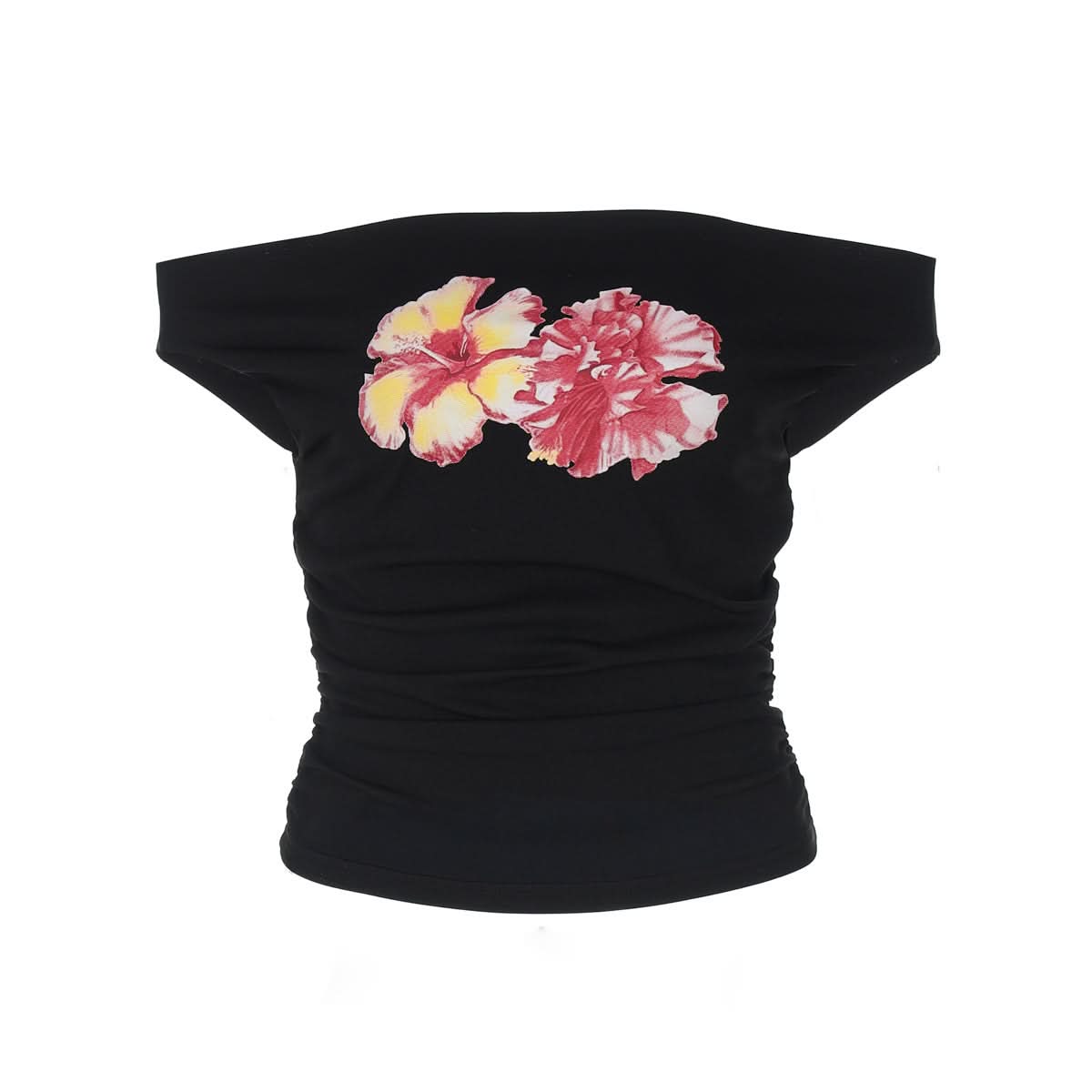 Vibrant Floral Off-Shoulder Ruched Top - Flattering Fall Fashion & Holiday Getaway Essential
