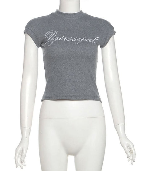 Chic Ribbed Mock Neck Crop Top - Embroidered Letter Graphic Tee for Fall Fashion