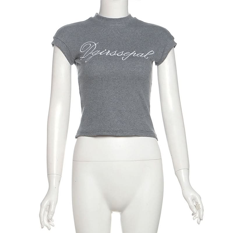 Chic Ribbed Mock Neck Crop Top - Embroidered Letter Graphic Tee for Fall Fashion