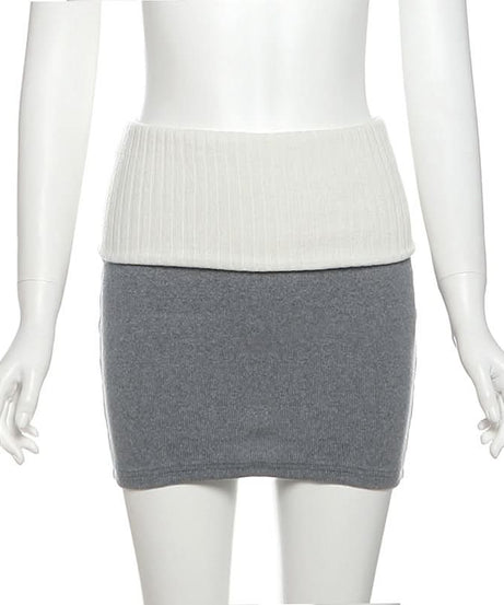 Autumn Chic Ribbed Knit Mini Skirt | Two-Tone Foldover Waist for Fall Style