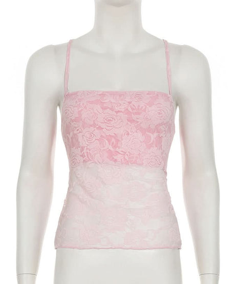 Romantic Pink Floral Lace Cami Top - Chic Cross Back & Coquette Style for Fall Layering