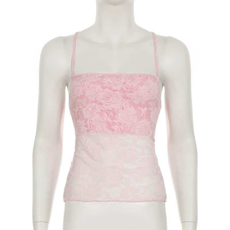 Romantic Pink Floral Lace Cami Top - Chic Cross Back & Coquette Style for Fall Layering