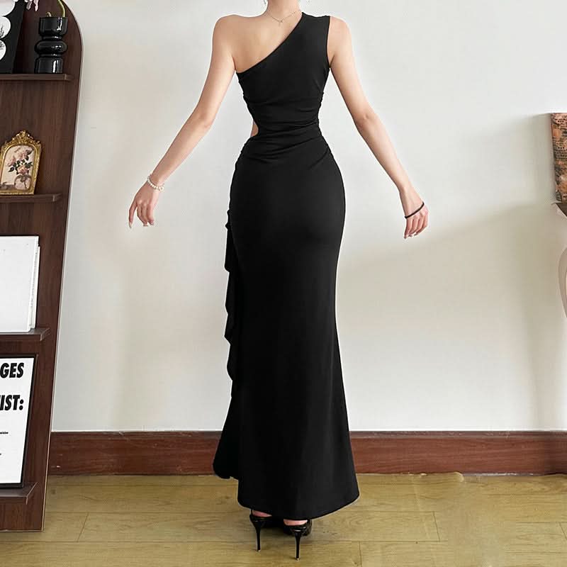 Gala Ready: Daring One-Shoulder Cut-Out Black Maxi Dress with Laced High Slit – Perfect for Fall & Holiday Parties