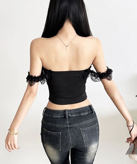 Edgy Devil Horn Off-Shoulder Crop Top | Spooky Season Y2K Party Essential