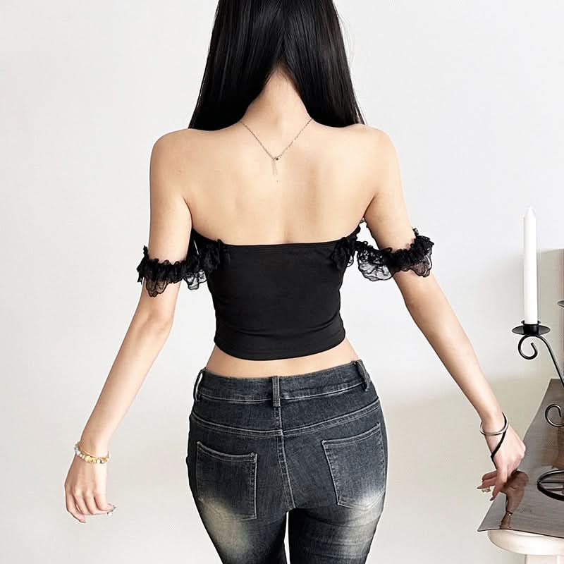 Edgy Devil Horn Off-Shoulder Crop Top | Spooky Season Y2K Party Essential