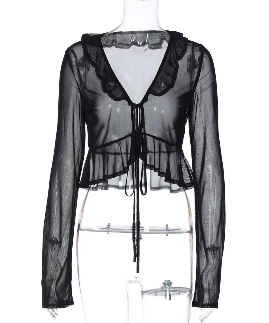 Black Sheer Ruffle Tie-Front Mesh Top - Your Edgy Chic Fall Statement Piece