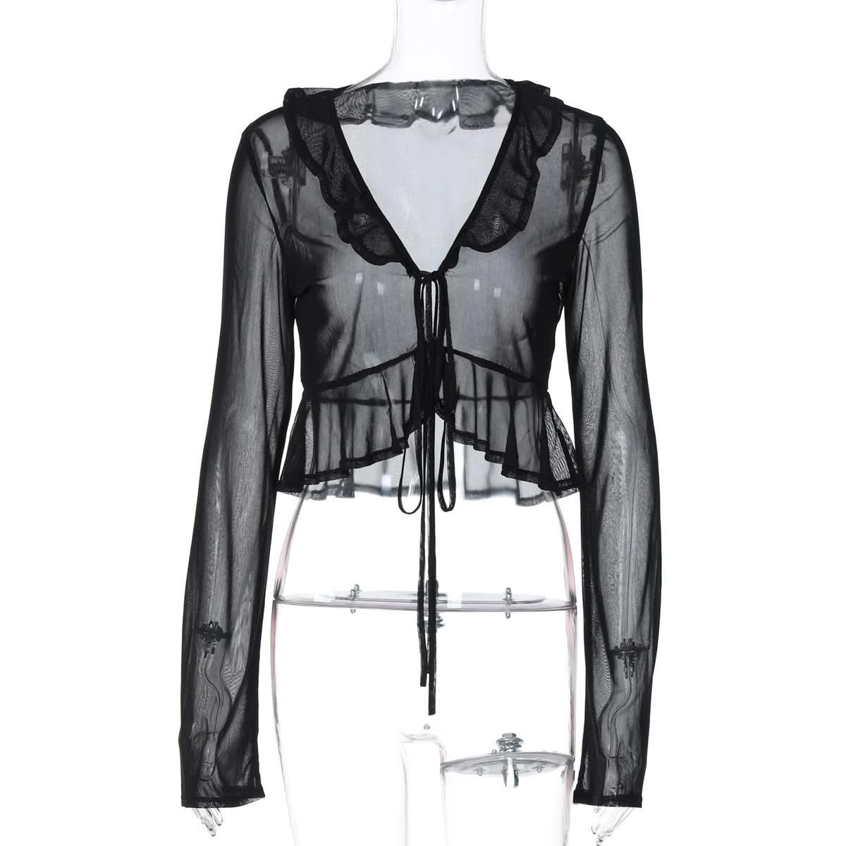 Black Sheer Ruffle Tie-Front Mesh Top - Your Edgy Chic Fall Statement Piece