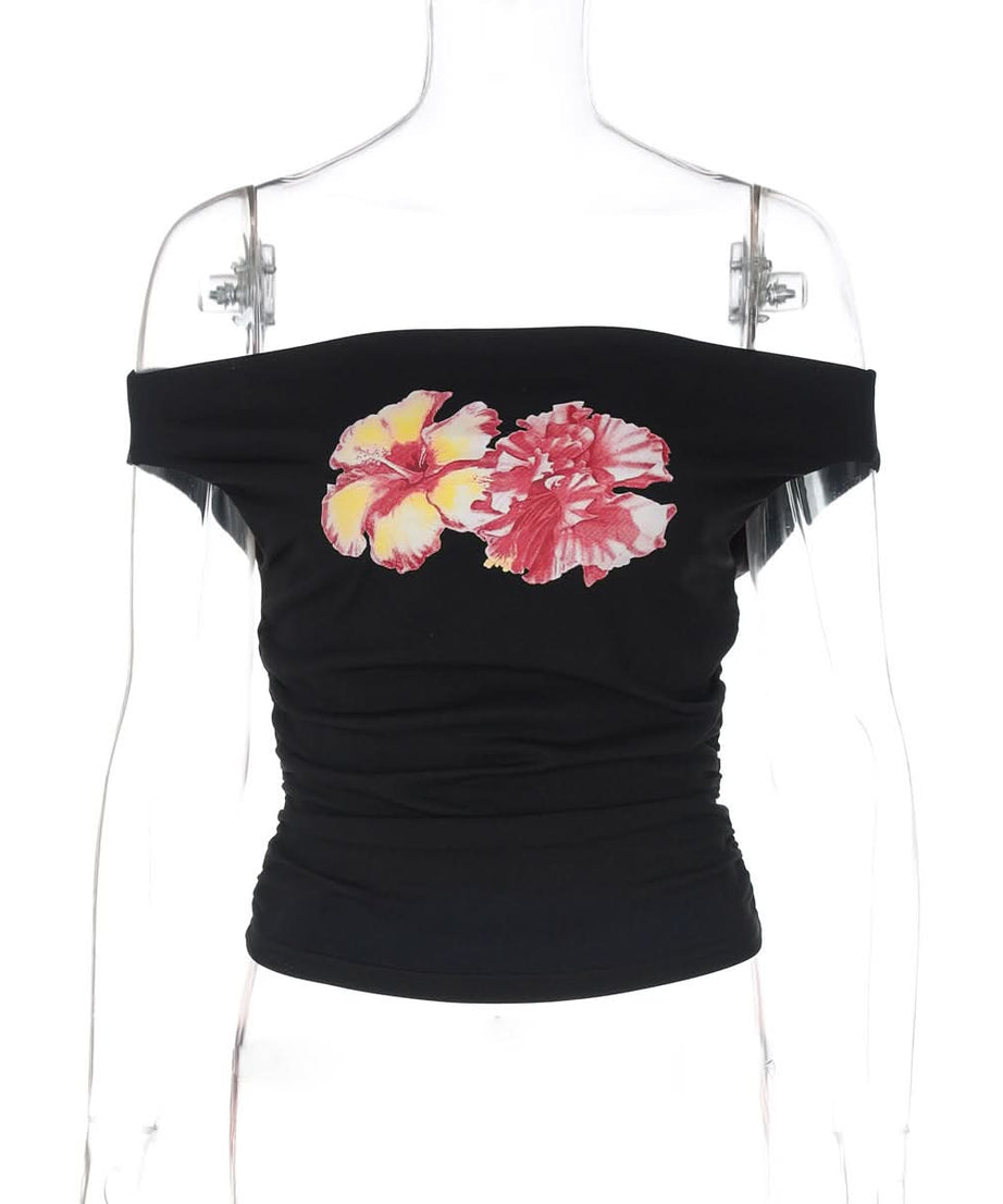 Vibrant Floral Off-Shoulder Ruched Top - Flattering Fall Fashion & Holiday Getaway Essential