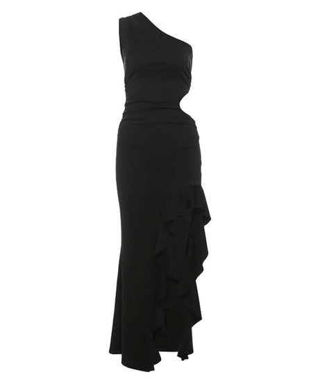 Gala Ready: Daring One-Shoulder Cut-Out Black Maxi Dress with Laced High Slit – Perfect for Fall & Holiday Parties