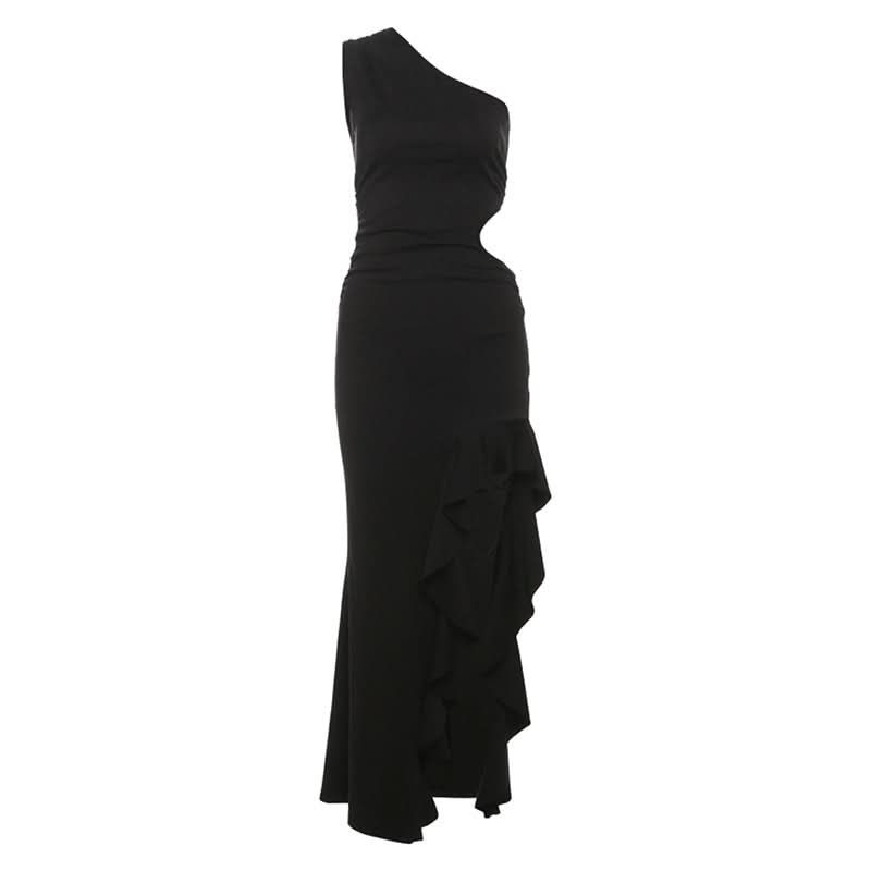 Gala Ready: Daring One-Shoulder Cut-Out Black Maxi Dress with Laced High Slit – Perfect for Fall & Holiday Parties