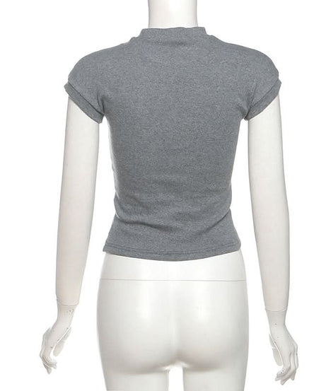 Chic Ribbed Mock Neck Crop Top - Embroidered Letter Graphic Tee for Fall Fashion