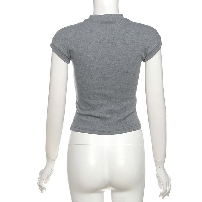 Chic Ribbed Mock Neck Crop Top - Embroidered Letter Graphic Tee for Fall Fashion