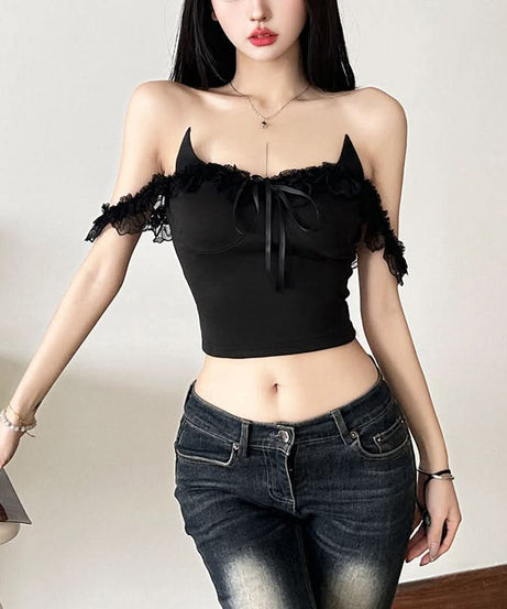 Edgy Devil Horn Off-Shoulder Crop Top | Spooky Season Y2K Party Essential