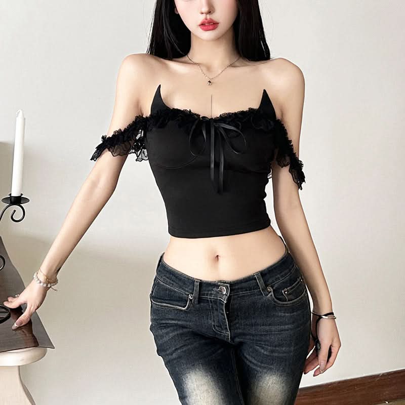 Edgy Devil Horn Off-Shoulder Crop Top | Spooky Season Y2K Party Essential