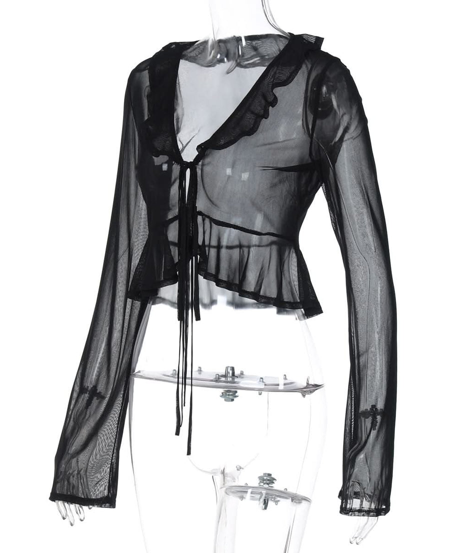 Black Sheer Ruffle Tie-Front Mesh Top - Your Edgy Chic Fall Statement Piece