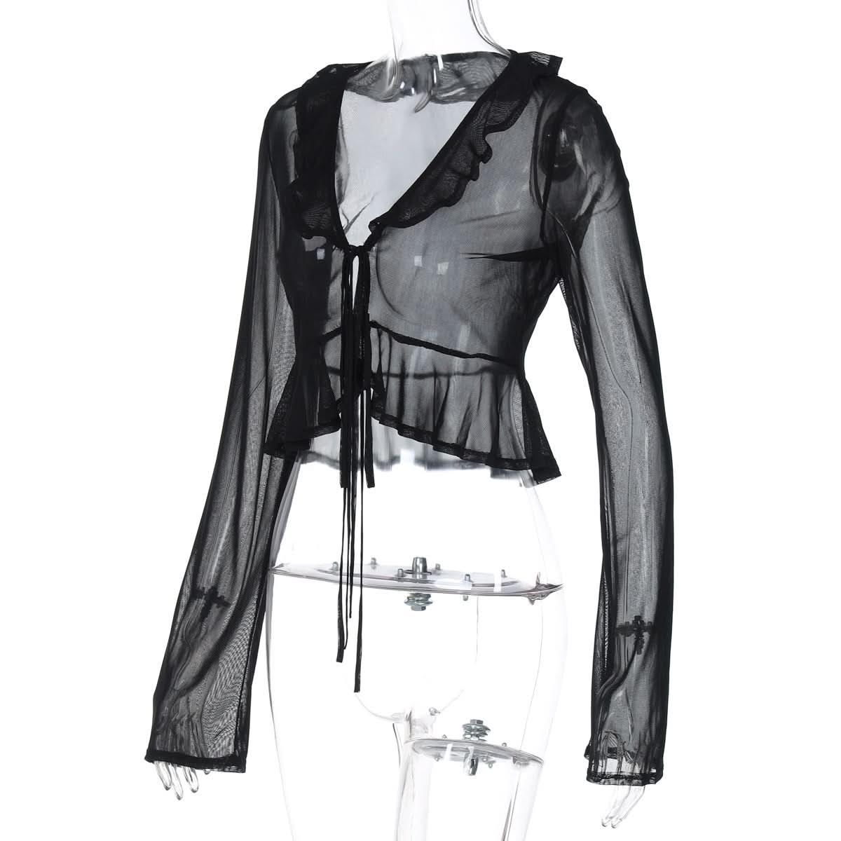 Black Sheer Ruffle Tie-Front Mesh Top - Your Edgy Chic Fall Statement Piece