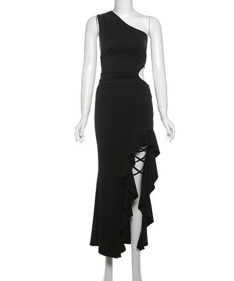 Gala Ready: Daring One-Shoulder Cut-Out Black Maxi Dress with Laced High Slit – Perfect for Fall & Holiday Parties
