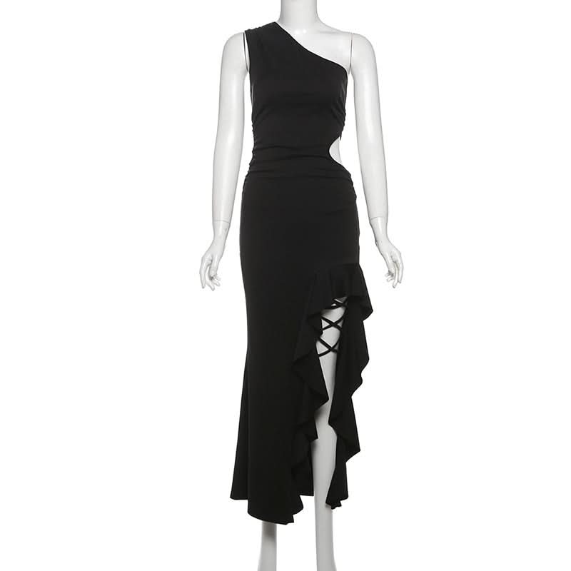 Gala Ready: Daring One-Shoulder Cut-Out Black Maxi Dress with Laced High Slit – Perfect for Fall & Holiday Parties
