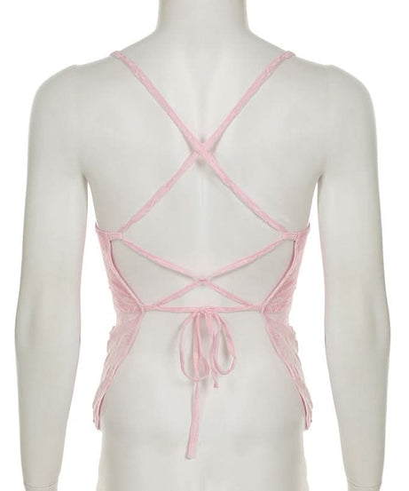 Romantic Pink Floral Lace Cami Top - Chic Cross Back & Coquette Style for Fall Layering