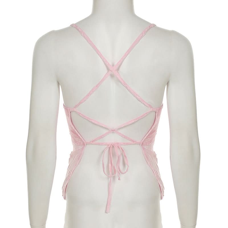 Romantic Pink Floral Lace Cami Top - Chic Cross Back & Coquette Style for Fall Layering