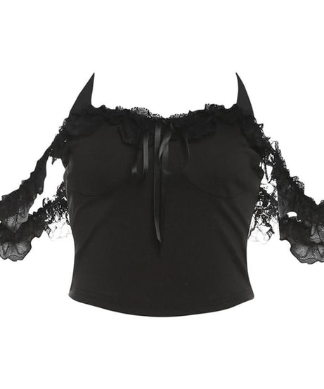 Edgy Devil Horn Off-Shoulder Crop Top | Spooky Season Y2K Party Essential