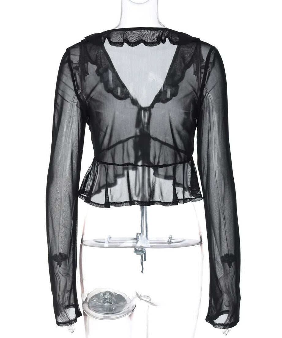 Black Sheer Ruffle Tie-Front Mesh Top - Your Edgy Chic Fall Statement Piece