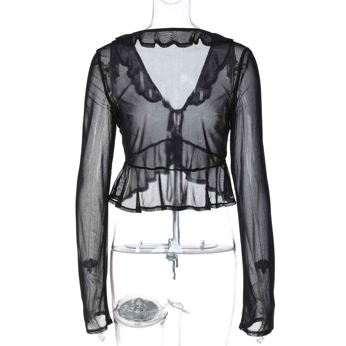 Black Sheer Ruffle Tie-Front Mesh Top - Your Edgy Chic Fall Statement Piece