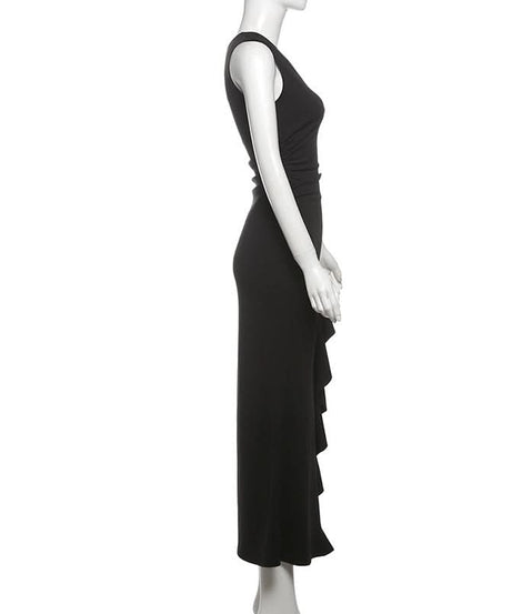 Gala Ready: Daring One-Shoulder Cut-Out Black Maxi Dress with Laced High Slit – Perfect for Fall & Holiday Parties