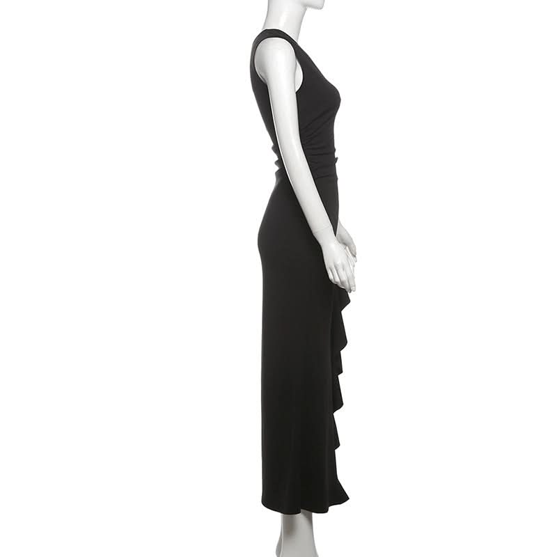 Gala Ready: Daring One-Shoulder Cut-Out Black Maxi Dress with Laced High Slit – Perfect for Fall & Holiday Parties