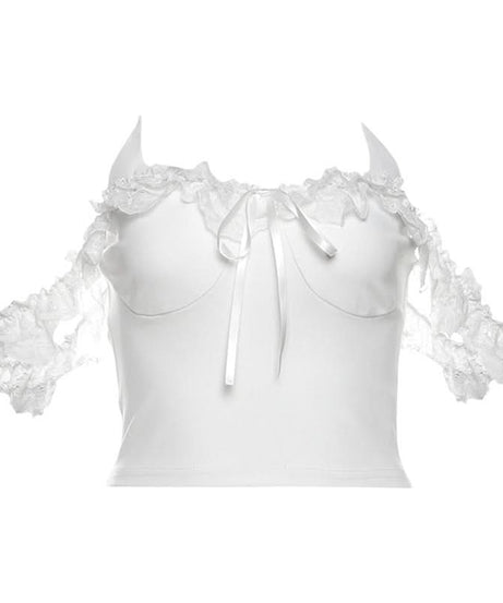 Edgy Devil Horn Off-Shoulder Crop Top | Spooky Season Y2K Party Essential