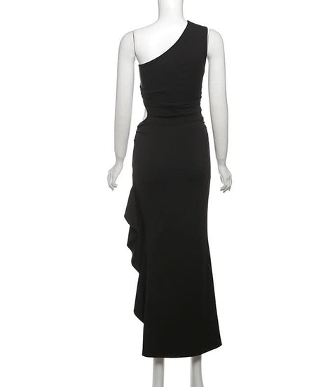Gala Ready: Daring One-Shoulder Cut-Out Black Maxi Dress with Laced High Slit – Perfect for Fall & Holiday Parties