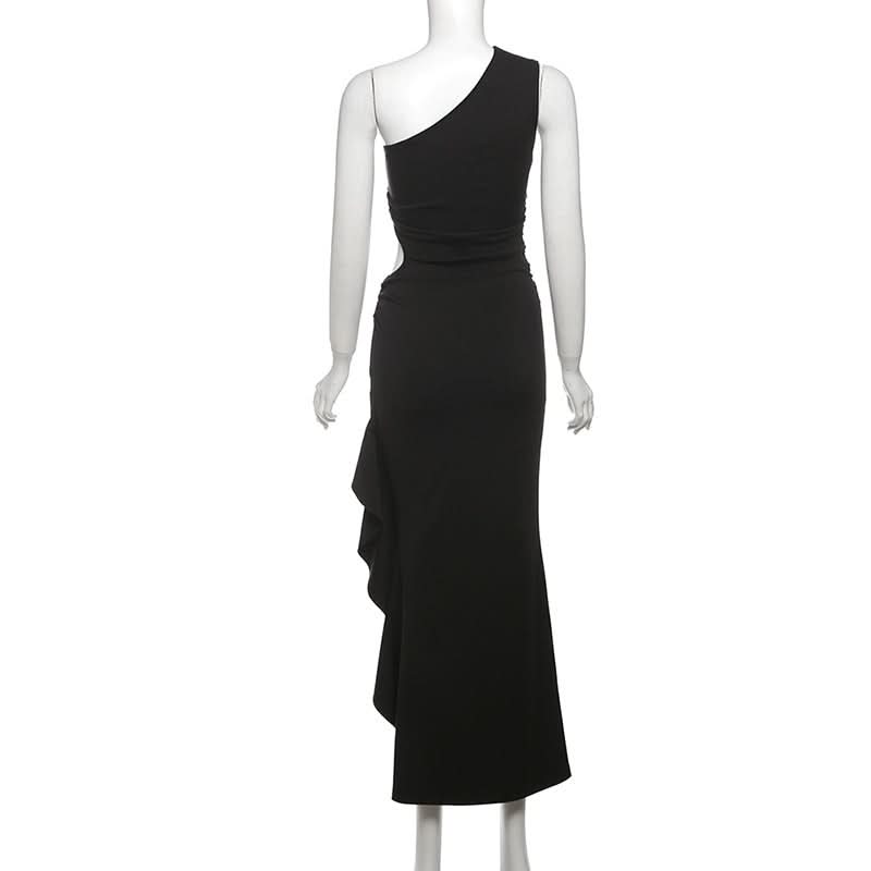 Gala Ready: Daring One-Shoulder Cut-Out Black Maxi Dress with Laced High Slit – Perfect for Fall & Holiday Parties