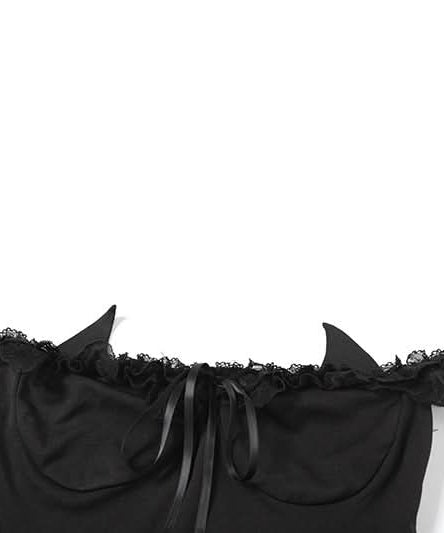 Edgy Devil Horn Off-Shoulder Crop Top | Spooky Season Y2K Party Essential