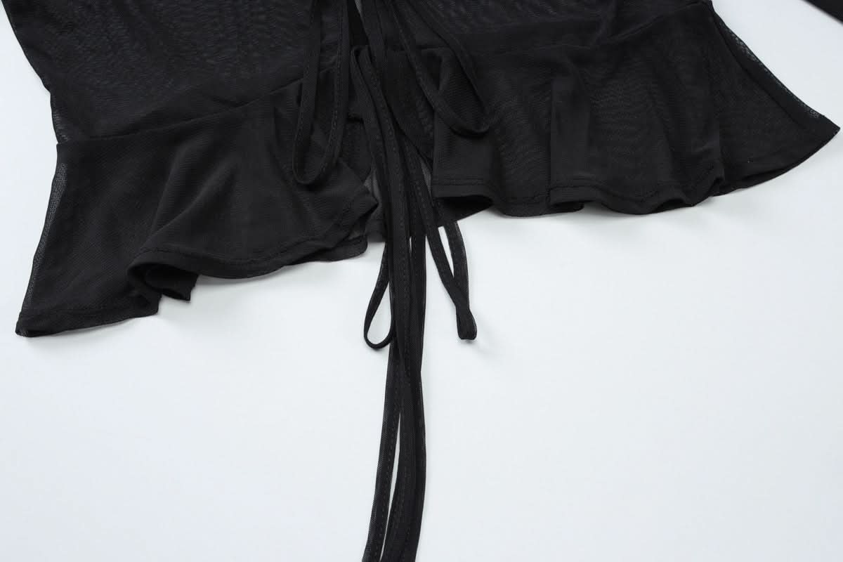 Black Sheer Ruffle Tie-Front Mesh Top - Your Edgy Chic Fall Statement Piece