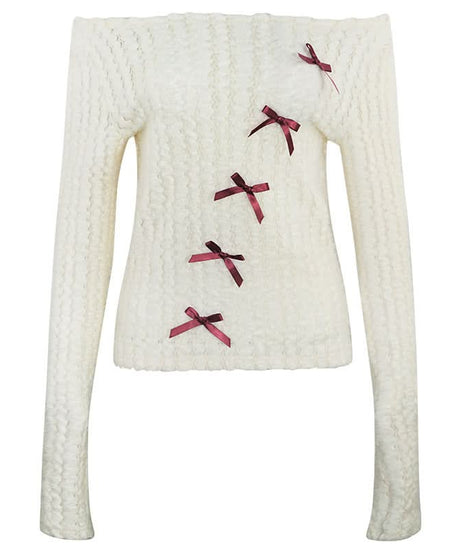 Coquette Bow-Detailed Off-Shoulder Knit Top – Cozy Fall Fashion for American Women