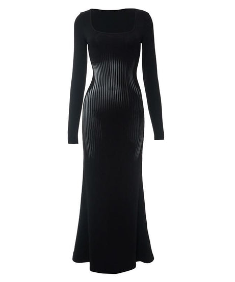 Sculpting Black Square Neck Ribbed Maxi Dress | Fall & Holiday Essential