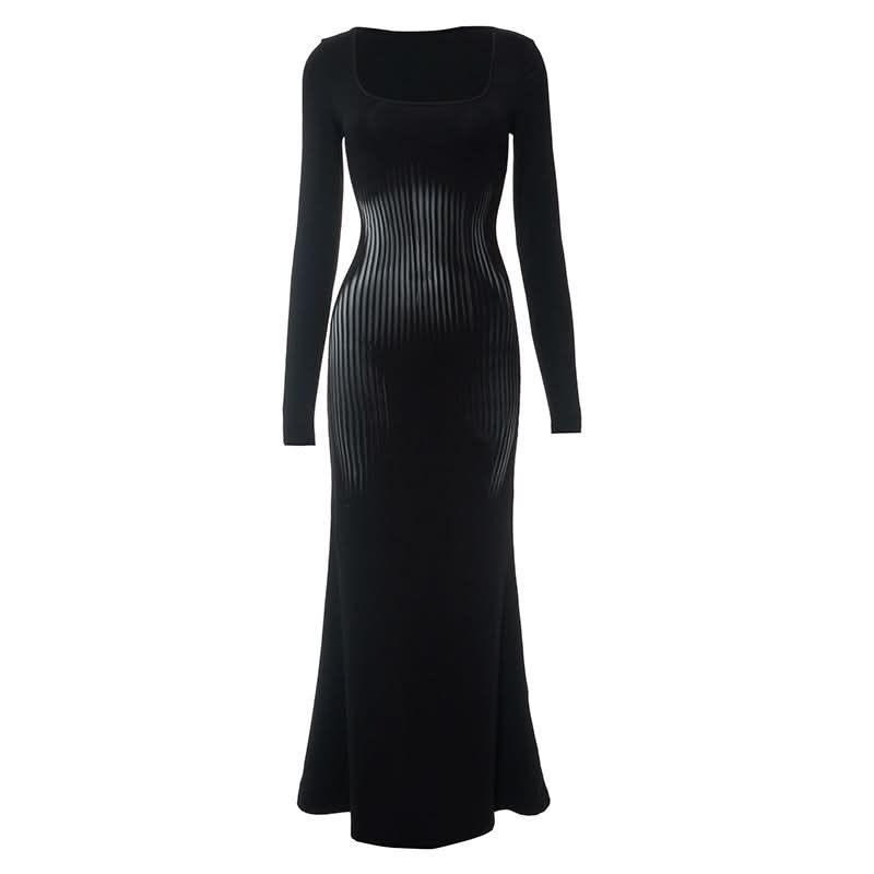 Sculpting Black Square Neck Ribbed Maxi Dress | Fall & Holiday Essential
