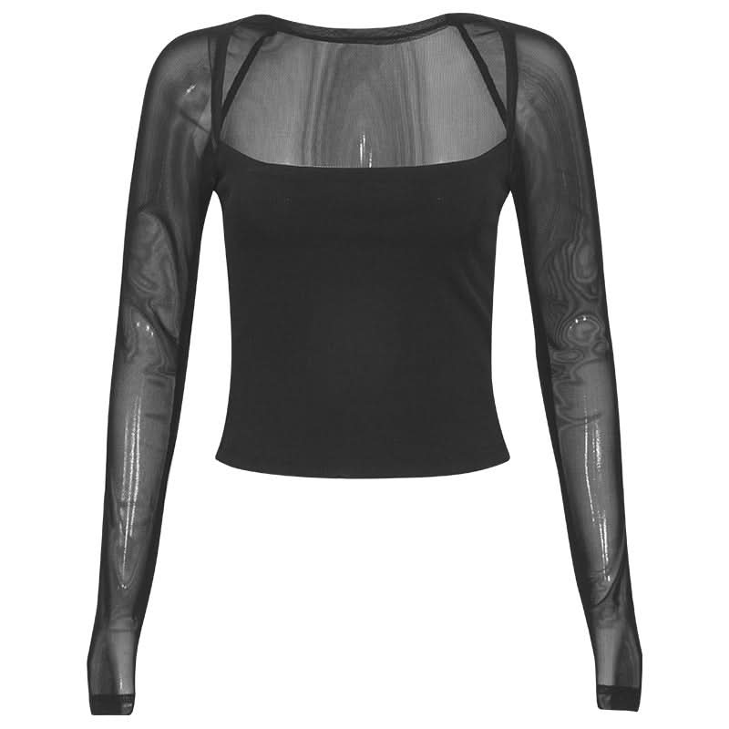 Trendy Square Neck Mesh Long Sleeve Top - Chic Sheer Fall Party & Night Out Style