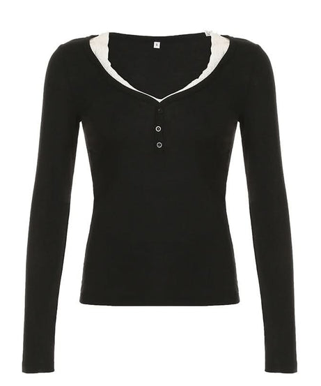 Cozy Chic Black V-Neck Henley Long Sleeve Top with Ruffle Trim - Essential Fall Layering