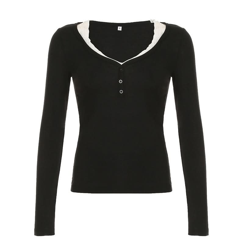 Cozy Chic Black V-Neck Henley Long Sleeve Top with Ruffle Trim - Essential Fall Layering
