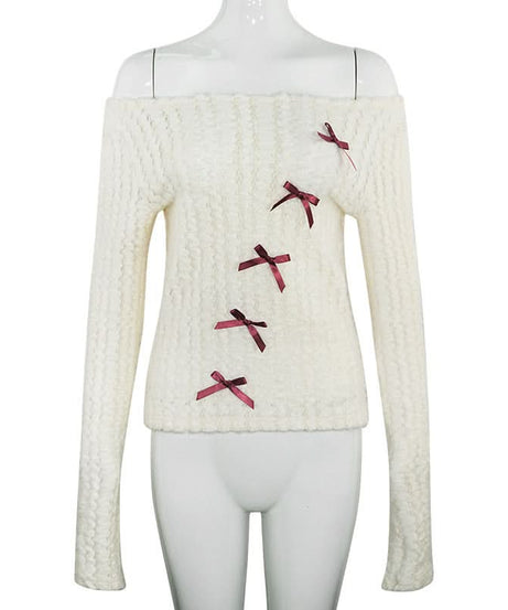 Coquette Bow-Detailed Off-Shoulder Knit Top – Cozy Fall Fashion for American Women