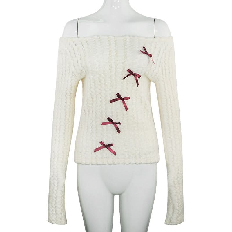 Coquette Bow-Detailed Off-Shoulder Knit Top – Cozy Fall Fashion for American Women