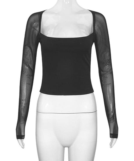 Trendy Square Neck Mesh Long Sleeve Top - Chic Sheer Fall Party & Night Out Style