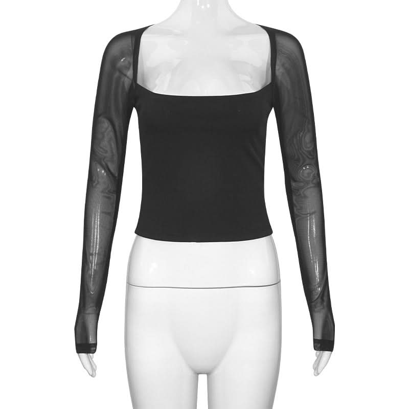 Trendy Square Neck Mesh Long Sleeve Top - Chic Sheer Fall Party & Night Out Style